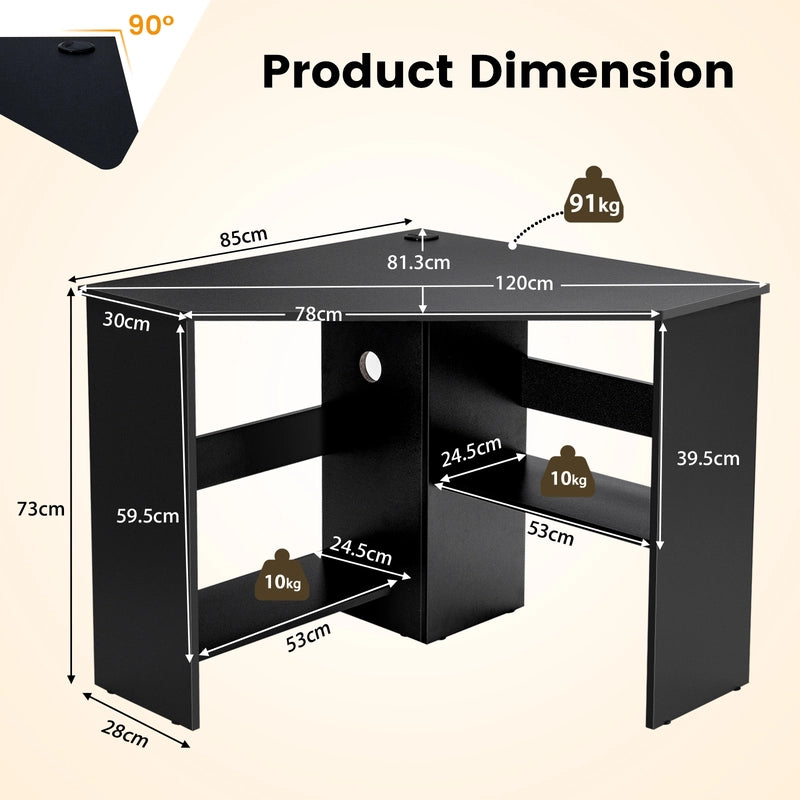Black Corner Computer Desk with Management Hole for Home Office