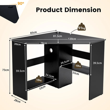 Black Corner Computer Desk with Management Hole for Home Office