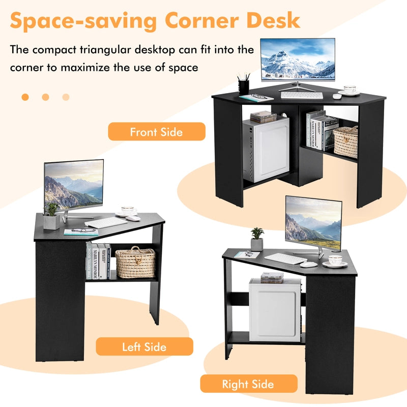 Black Corner Computer Desk with Management Hole for Home Office
