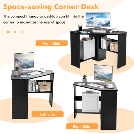 Black Corner Computer Desk with Management Hole for Home Office