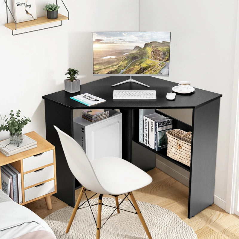 Black Corner Computer Desk with Management Hole for Home Office