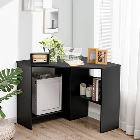 Black Corner Computer Desk with Management Hole for Home Office