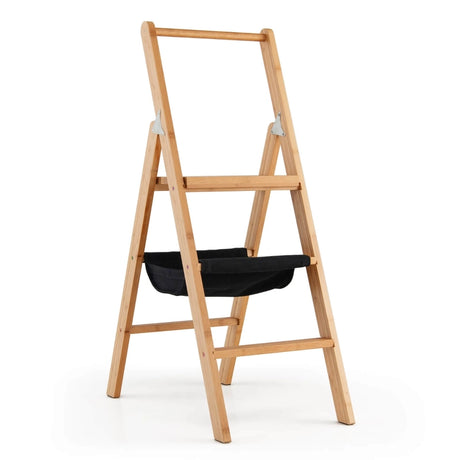 3 Step Foldable Bamboo Step Ladder Stool with Tool Storage Bag-Natural