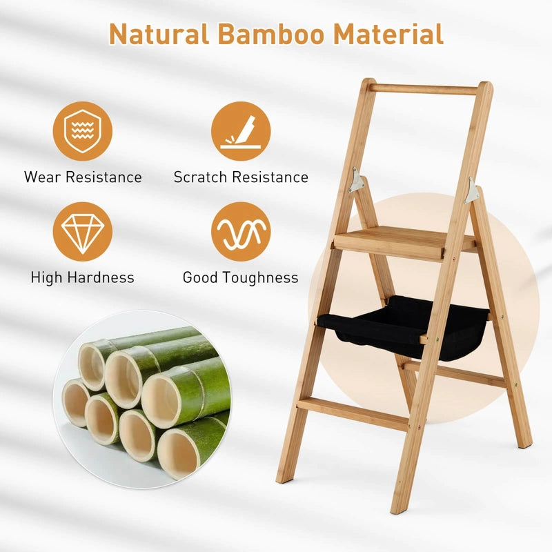 3 Step Foldable Bamboo Step Ladder Stool with Tool Storage Bag-Natural