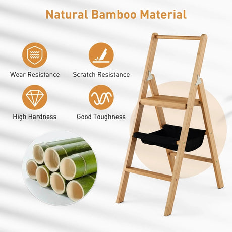 3 Step Foldable Bamboo Step Ladder Stool with Tool Storage Bag-Natural