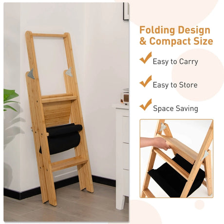 3 Step Foldable Bamboo Step Ladder Stool with Tool Storage Bag-Natural