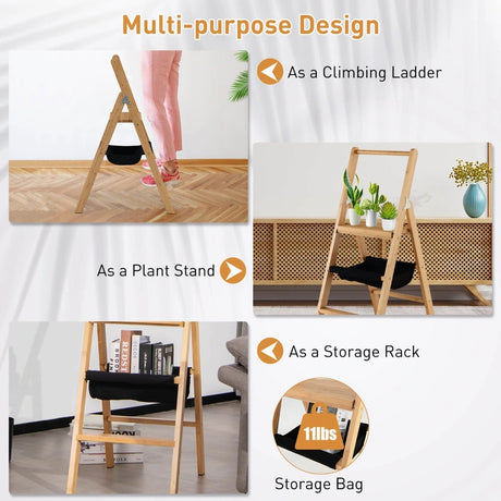 3 Step Foldable Bamboo Step Ladder Stool with Tool Storage Bag-Natural