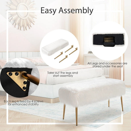 Rectangular Upholstered Furry Faux Fur Footrest with Golden Metal Legs-White