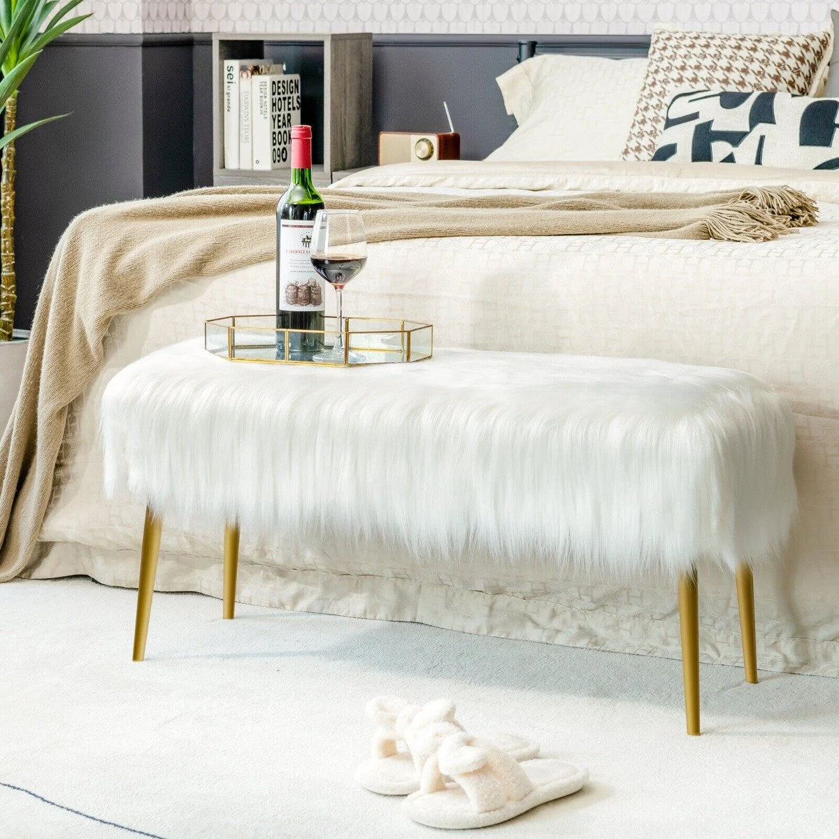 Rectangular Upholstered Furry Faux Fur Footrest with Golden Metal Legs-White