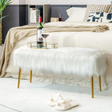 Rectangular Upholstered Furry Faux Fur Footrest with Golden Metal Legs-White