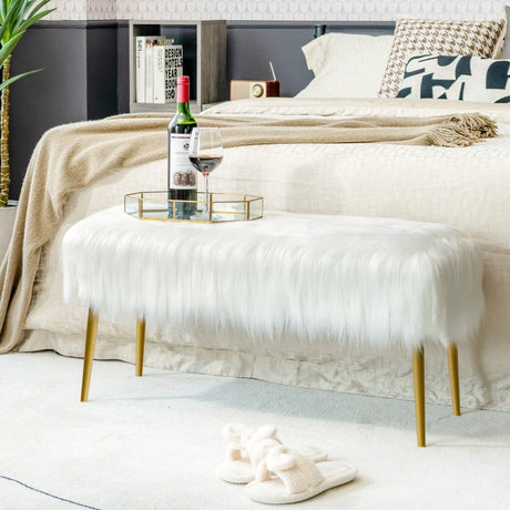 Rectangular Upholstered Furry Faux Fur Footrest with Golden Metal Legs-White