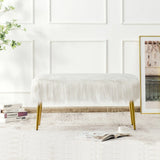 Rectangular Upholstered Furry Faux Fur Footrest with Golden Metal Legs-White