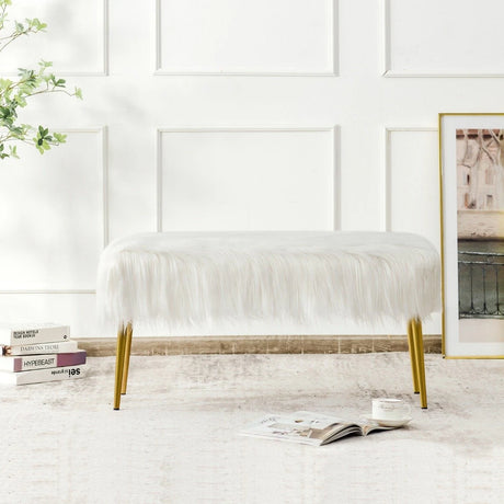 Rectangular Upholstered Furry Faux Fur Footrest with Golden Metal Legs-White