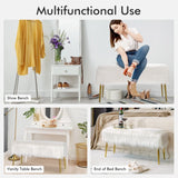 Rectangular Upholstered Furry Faux Fur Footrest with Golden Metal Legs-White