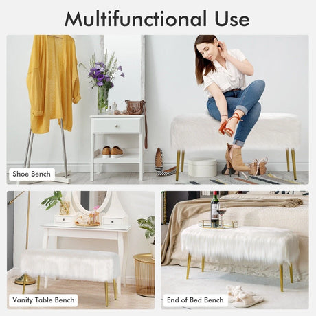 Rectangular Upholstered Furry Faux Fur Footrest with Golden Metal Legs-White