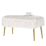 Rectangular Upholstered Furry Faux Fur Footrest with Golden Metal Legs-White