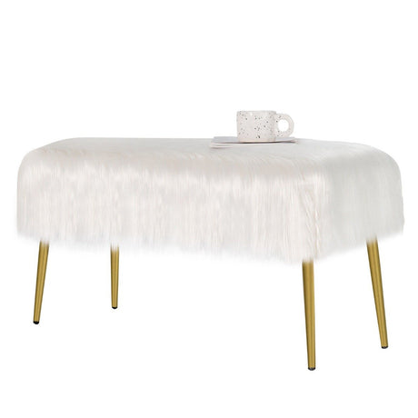 Rectangular Upholstered Furry Faux Fur Footrest with Golden Metal Legs-White