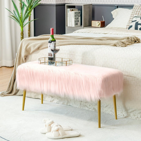 Rectangular Upholstered Furry Faux Fur Footrest with Golden Metal Legs-Pink