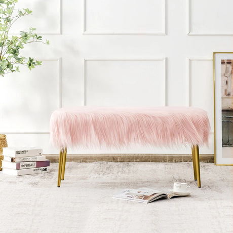 Rectangular Upholstered Furry Faux Fur Footrest with Golden Metal Legs-Pink