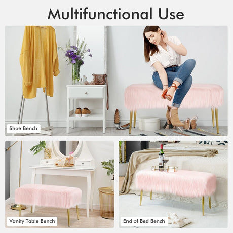 Rectangular Upholstered Furry Faux Fur Footrest with Golden Metal Legs-Pink