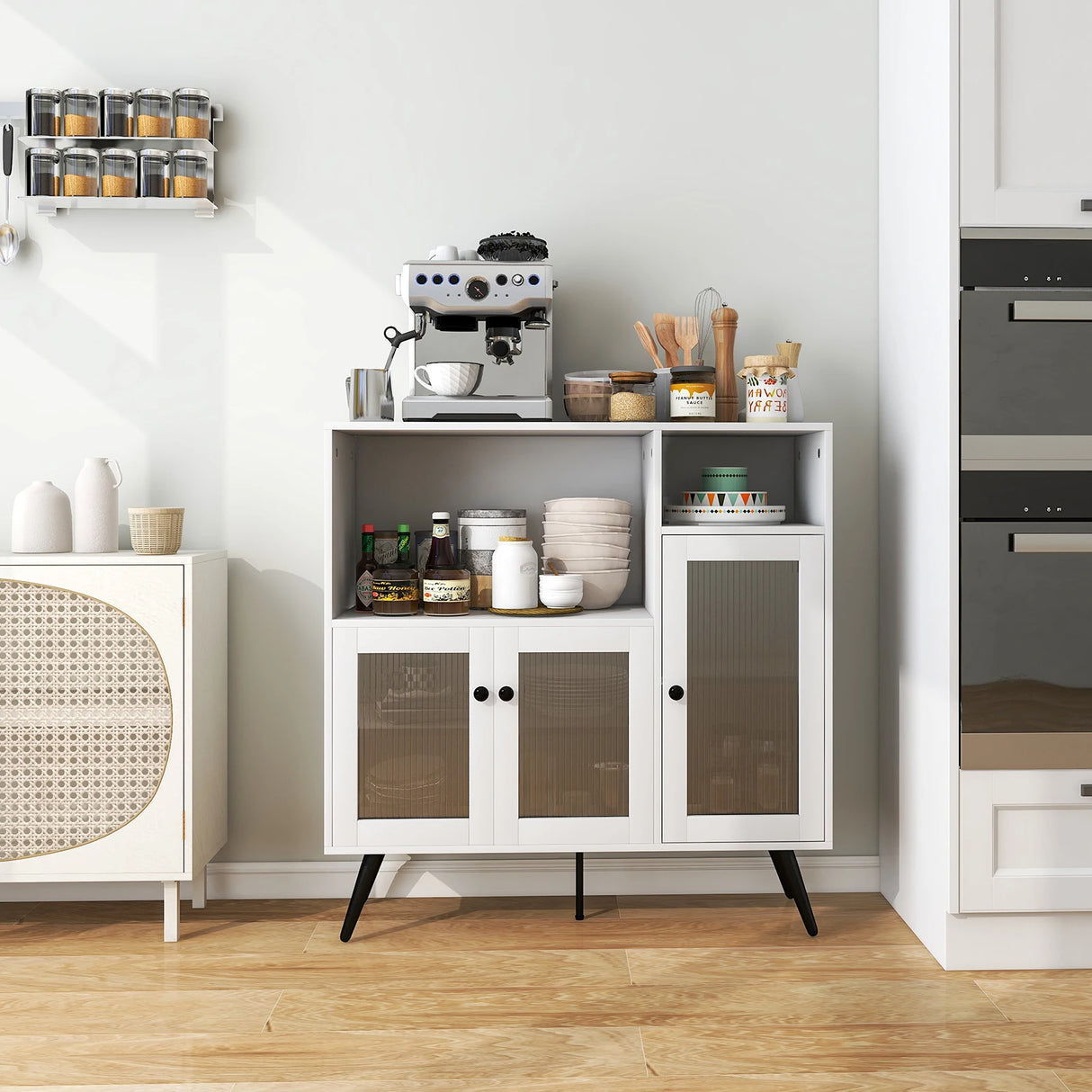 Industrial Wooden Kitchen Storage Cabinet with Tempered Glass Doors-White