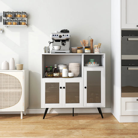 Industrial Wooden Kitchen Storage Cabinet with Tempered Glass Doors-White