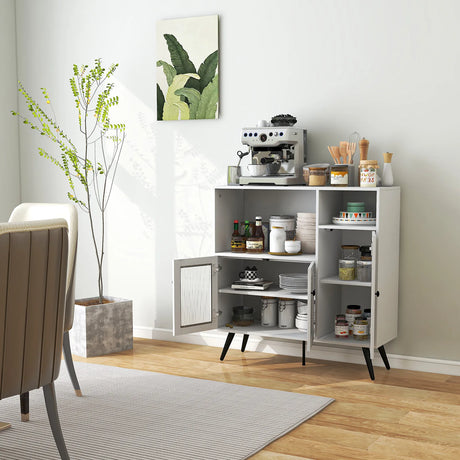 Industrial Wooden Kitchen Storage Cabinet with Tempered Glass Doors-White