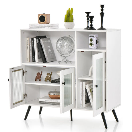 Industrial Wooden Kitchen Storage Cabinet with Tempered Glass Doors-White