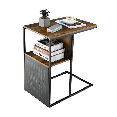 C Side Table for Sofa Couch and Bed with Wooden Shelf