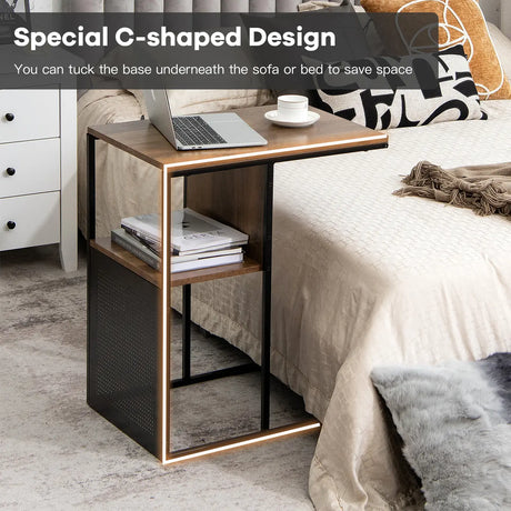 C Side Table for Sofa Couch and Bed with Wooden Shelf