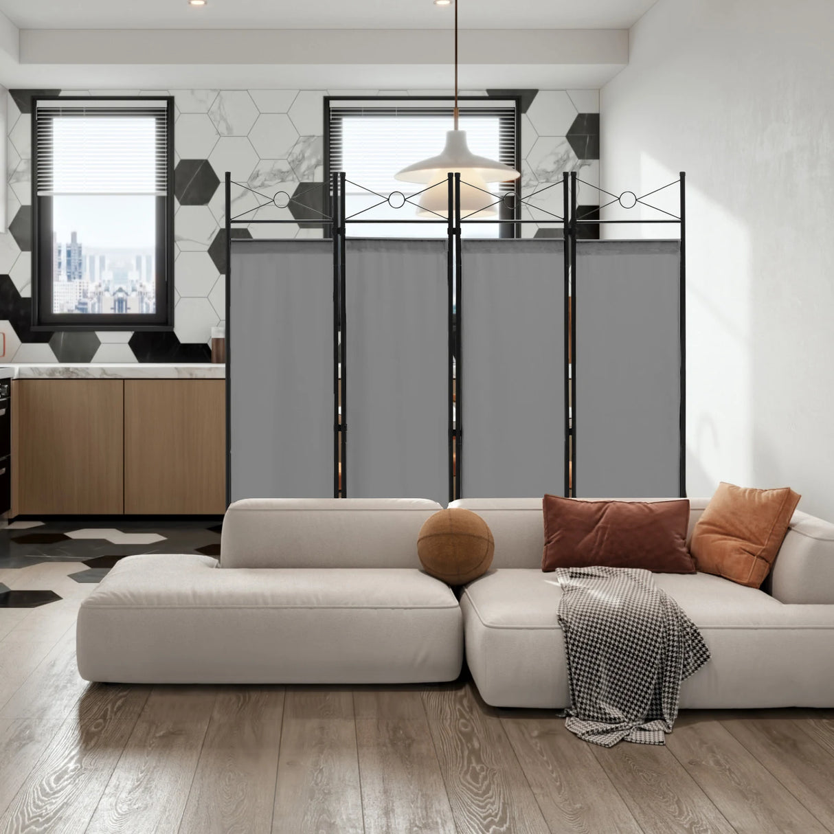 Folding Privacy Screen with Polyester Cloth for Bedroom Living Room-Grey