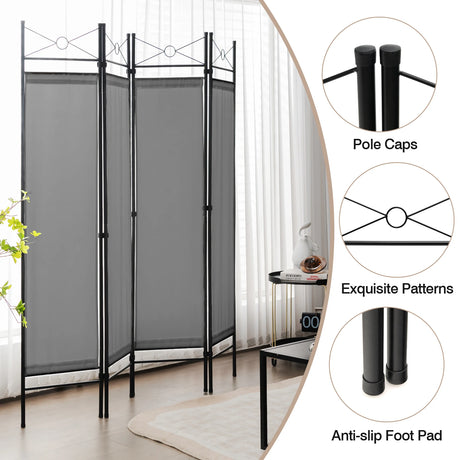 Folding Privacy Screen with Polyester Cloth for Bedroom Living Room-Grey