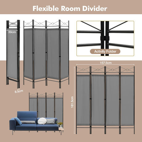 Folding Privacy Screen with Polyester Cloth for Bedroom Living Room-Grey