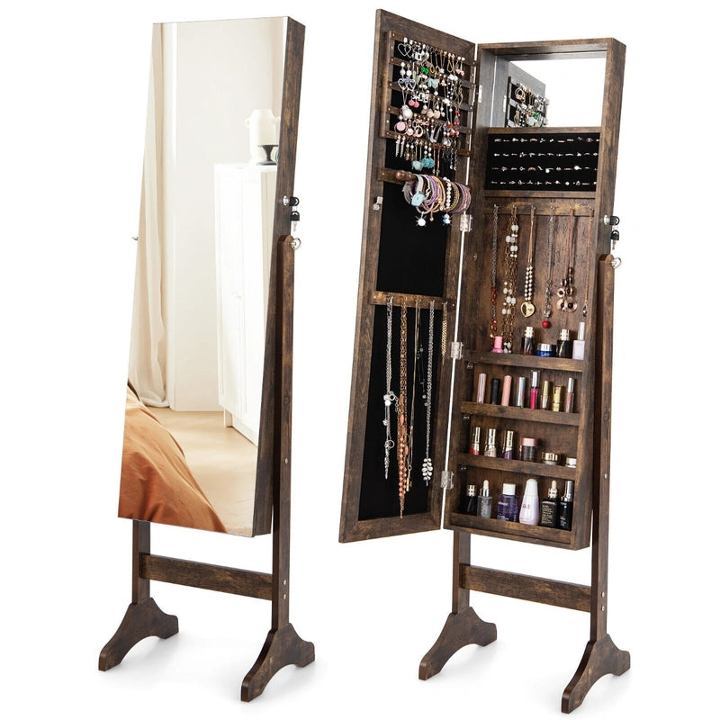 Standing Jewelry Cabinet with Makeup Mirror &amp; Lockable Door-Brown