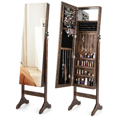 Standing Jewelry Cabinet with Makeup Mirror &amp; Lockable Door-Brown