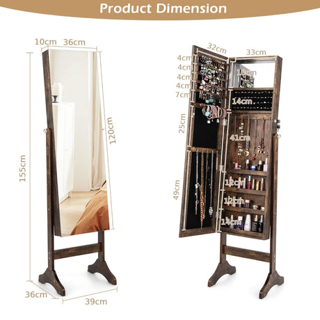 Standing Jewelry Cabinet with Makeup Mirror &amp; Lockable Door-Brown