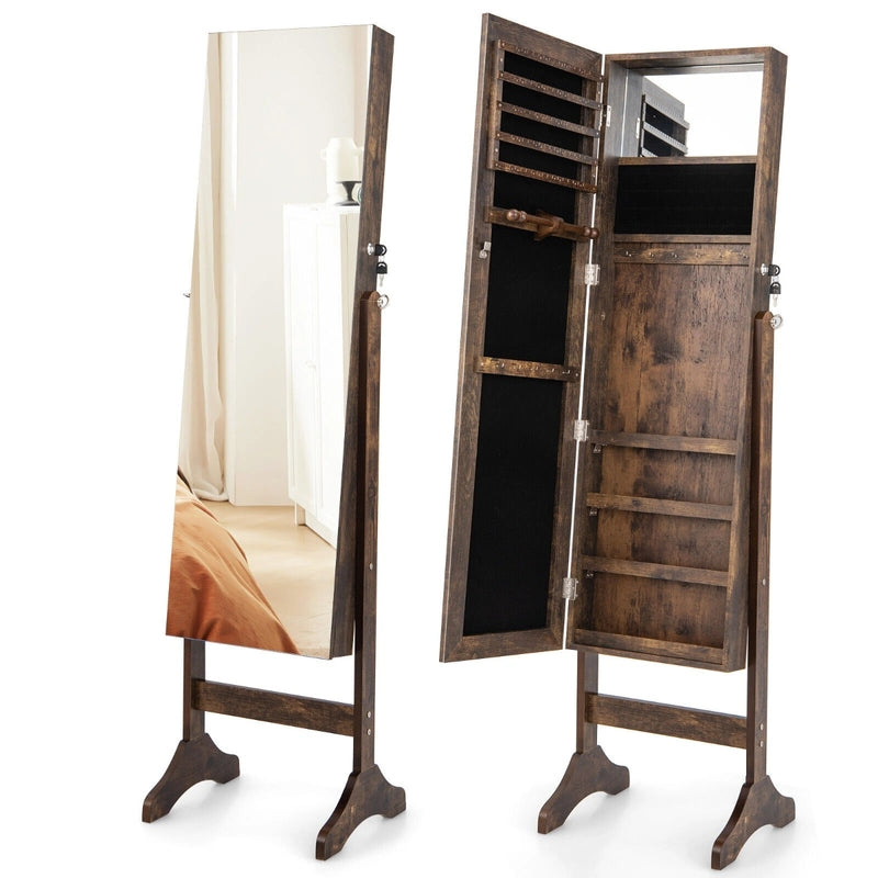 Standing Jewelry Cabinet with Makeup Mirror &amp; Lockable Door-Brown