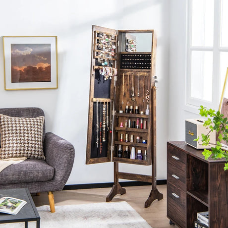 Standing Jewelry Cabinet with Makeup Mirror &amp; Lockable Door-Brown