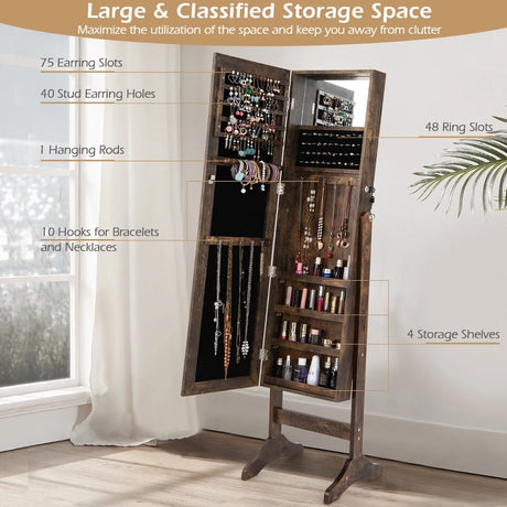 Standing Jewelry Cabinet with Makeup Mirror &amp; Lockable Door-Brown
