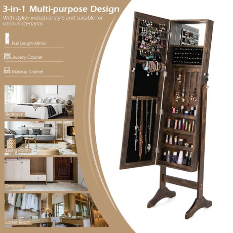 Standing Jewelry Cabinet with Makeup Mirror &amp; Lockable Door-Brown