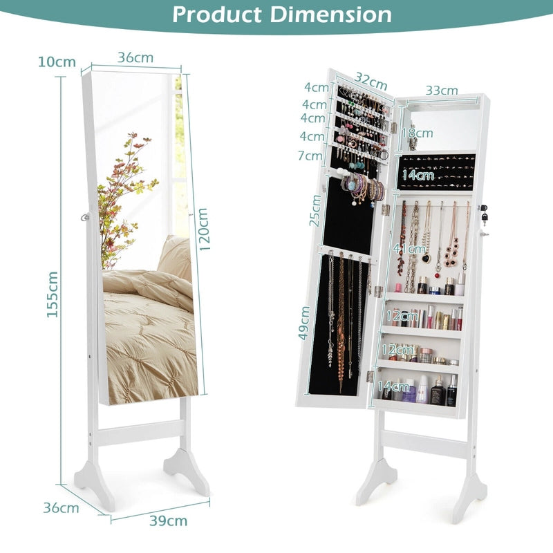 Standing Jewelry Cabinet with Makeup Mirror &amp; Lockable Door-White