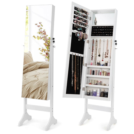 Standing Jewelry Cabinet with Makeup Mirror &amp; Lockable Door-White