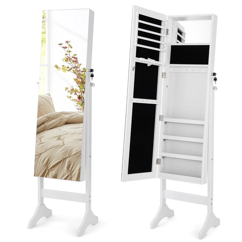 Standing Jewelry Cabinet with Makeup Mirror &amp; Lockable Door-White