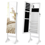 Standing Jewelry Cabinet with Makeup Mirror &amp; Lockable Door-White