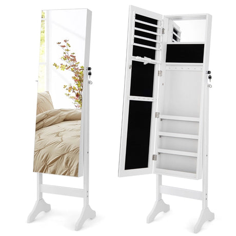 Standing Jewelry Cabinet with Makeup Mirror &amp; Lockable Door-White