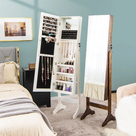 Standing Jewelry Cabinet with Makeup Mirror &amp; Lockable Door-White