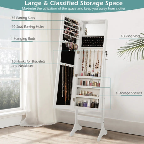 Standing Jewelry Cabinet with Makeup Mirror &amp; Lockable Door-White