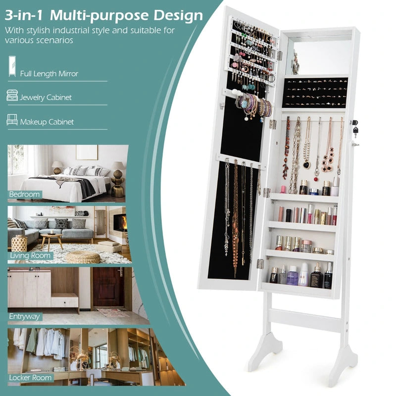 Standing Jewelry Cabinet with Makeup Mirror &amp; Lockable Door-White
