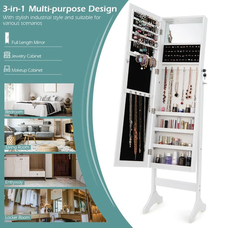 Standing Jewelry Cabinet with Makeup Mirror &amp; Lockable Door-White