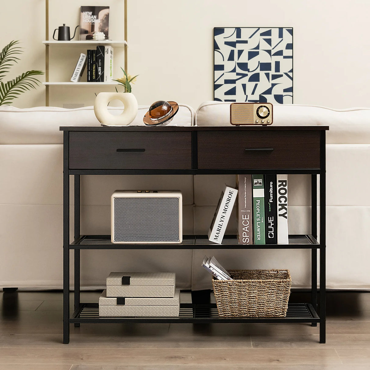 100cm Console Table with 2 Drawers &amp; 2-Tier Shelves &amp; Anti-Toppling Design-Coffee